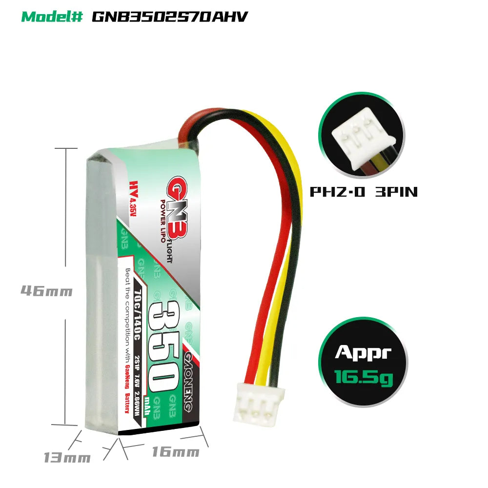 GNB 350mAh 2S 70C LiHV LiPo battery for RC cars, showing the compact rechargeable battery with wiring and connectors.