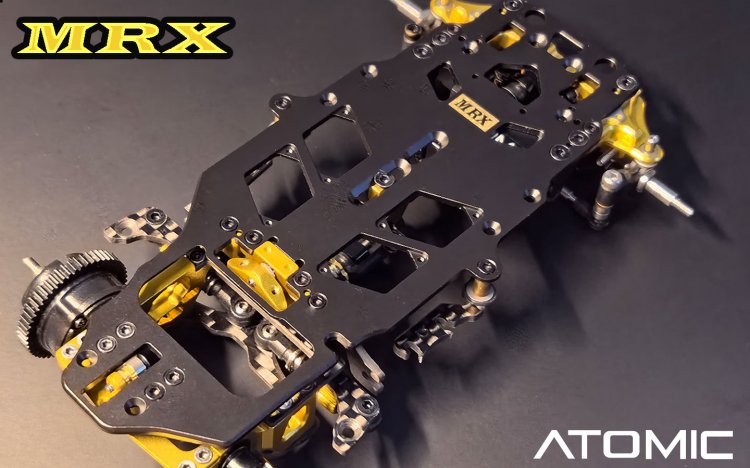 Atomic RC MRX 2WD Pan Car Kit with sleek chassis and detailed components, ready for high-speed remote control racing.
