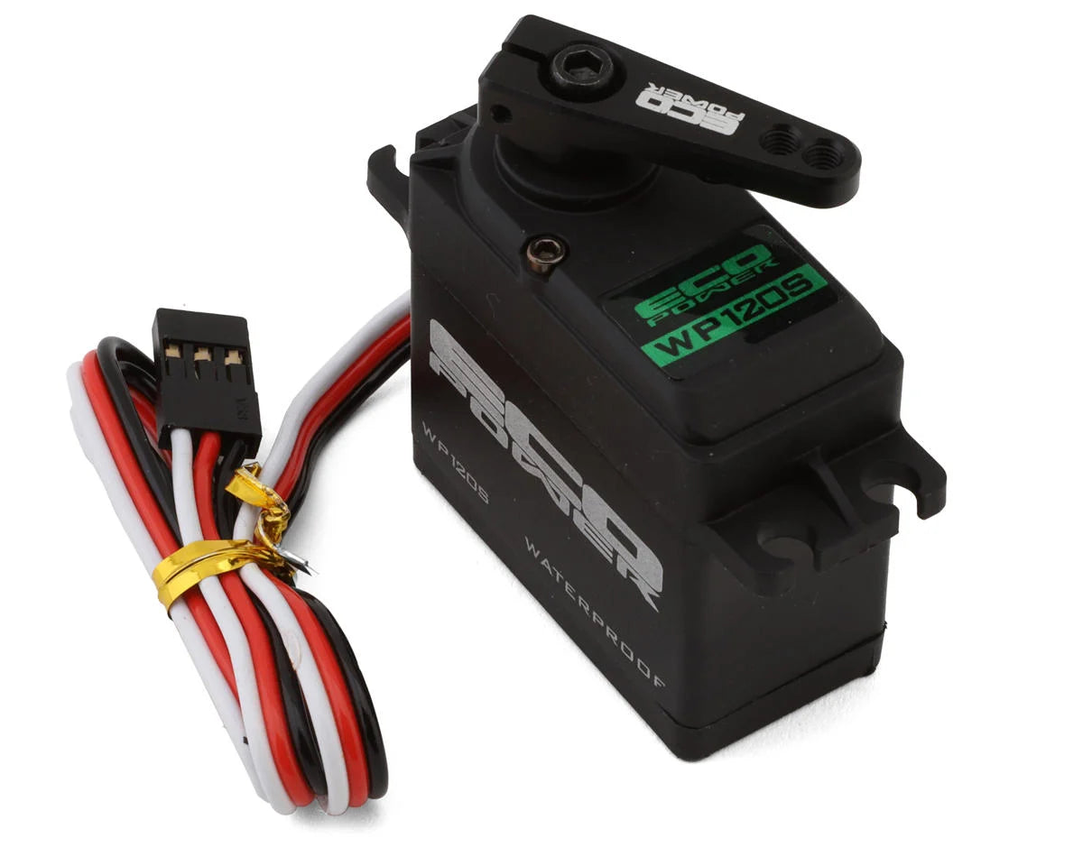 EcoPower WP120S waterproof high-speed metal gear servo with sturdy construction, shown in a close-up view.