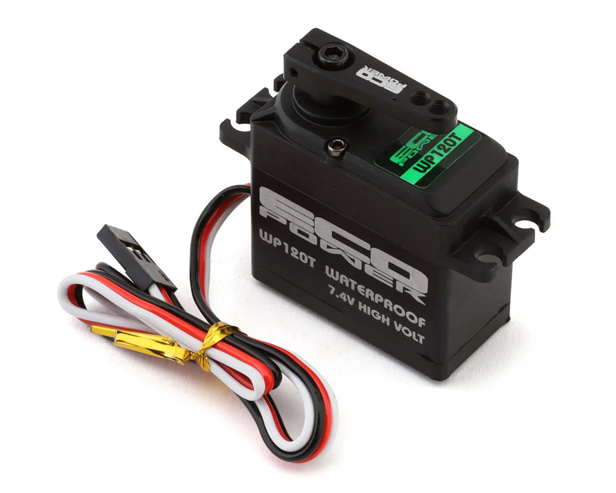EcoPower WP120T waterproof high torque metal gear servo for 1/10 scale RC cars, showing the servo with metal gear and waterproof casing.