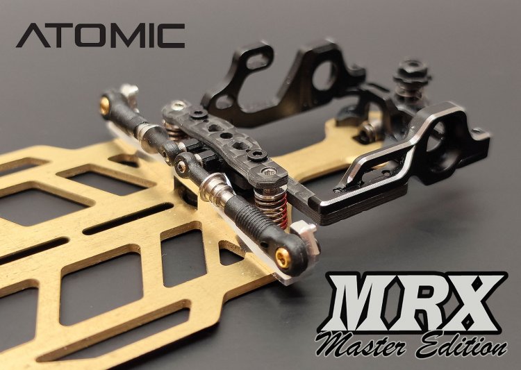 Atomic RC MRX master vertical side spring conversion with components and hardware for RC car suspension upgrade.