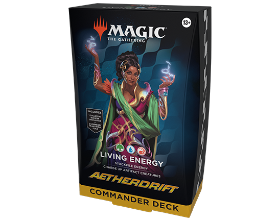 MTG: Aetherdrift Commander Deck by Wizards of the Coast, featuring colorful trading card game cards spread out.