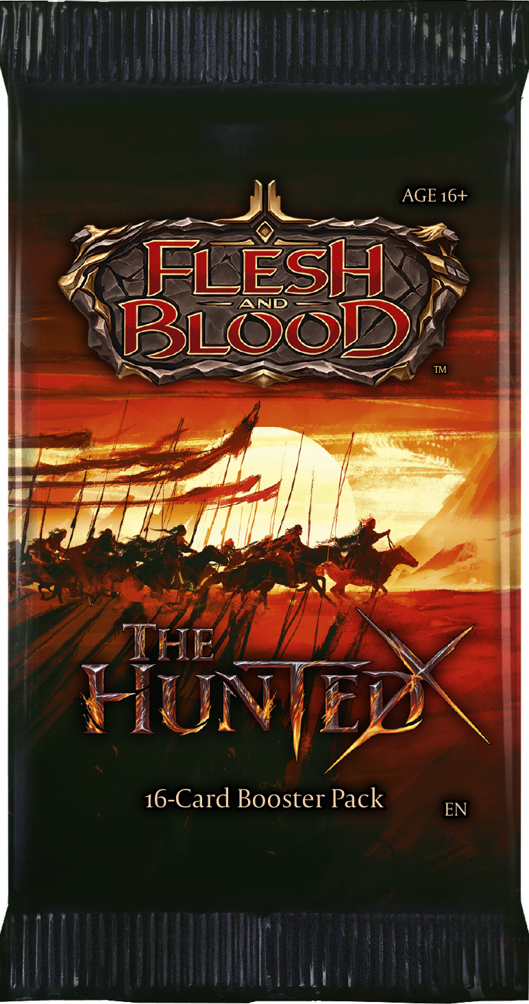 Flesh and Blood: The Hunted booster pack of collectible trading cards by Legends Story Studios, featuring vibrant card artwork.