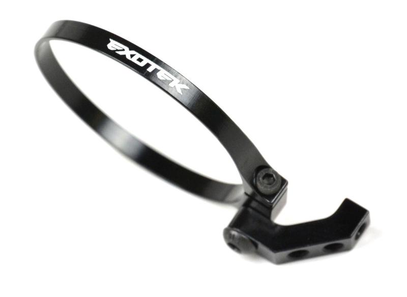 Exotek Racing XO Fan Mount-Clamp set for 1/10 RC cars, angled design, compatible with 1up Racing brands, black finish.