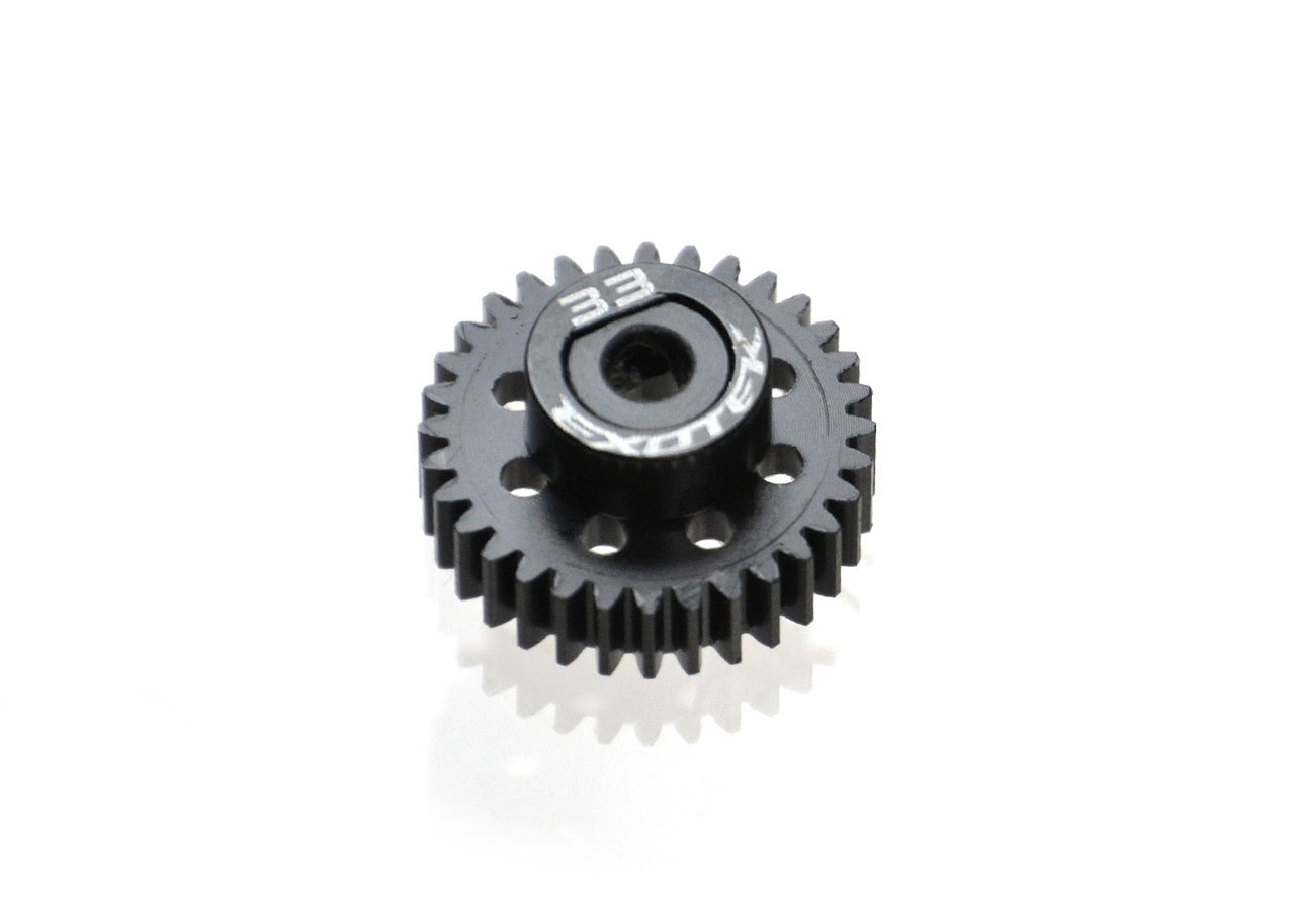 Black Exotek Racing Flite 48P pinion gear made of POM with alloy collar, designed for RC car performance and durability.