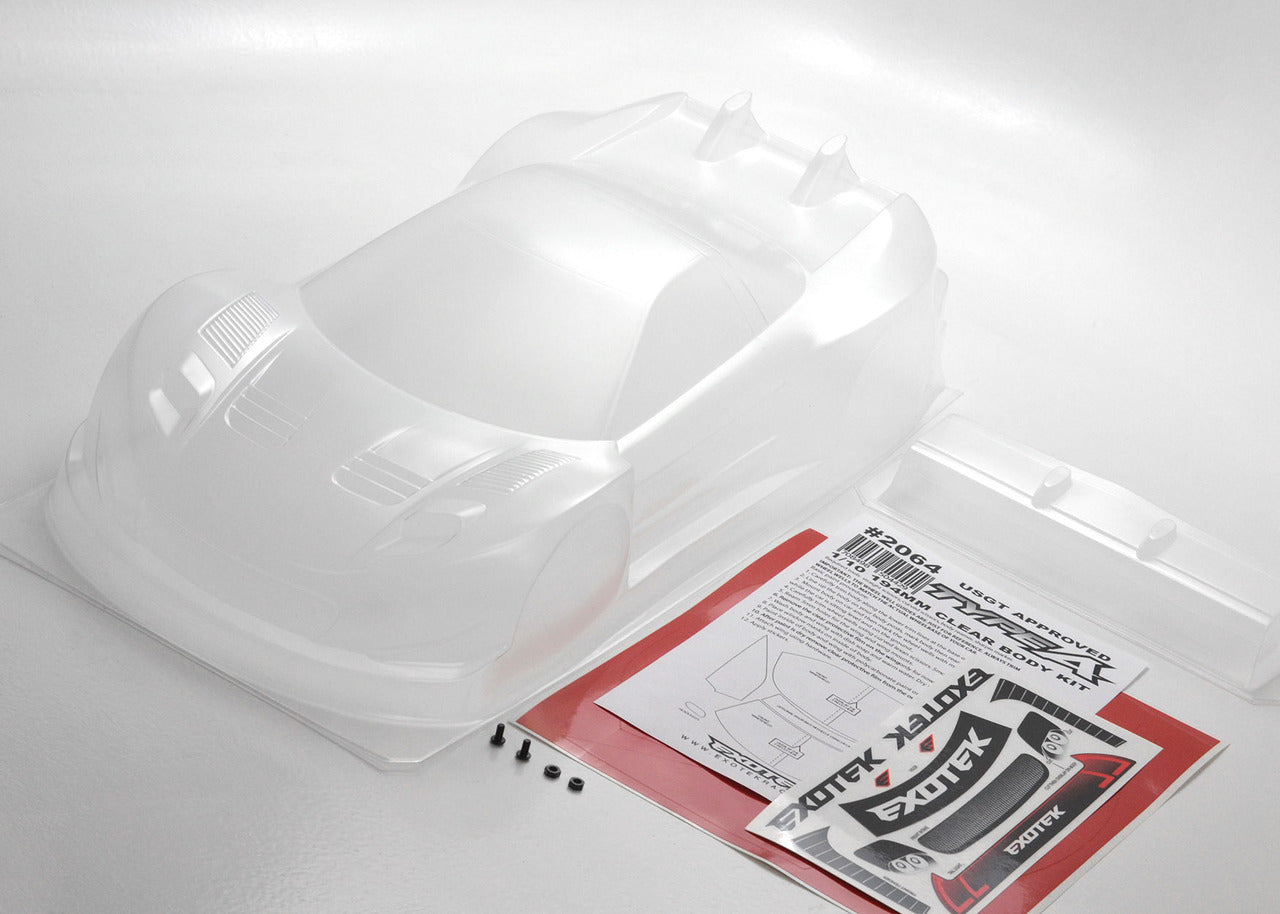 Exotek Racing Type-A 1/10 USGT RC car body with detailed design and aerodynamic features for high-performance racing.