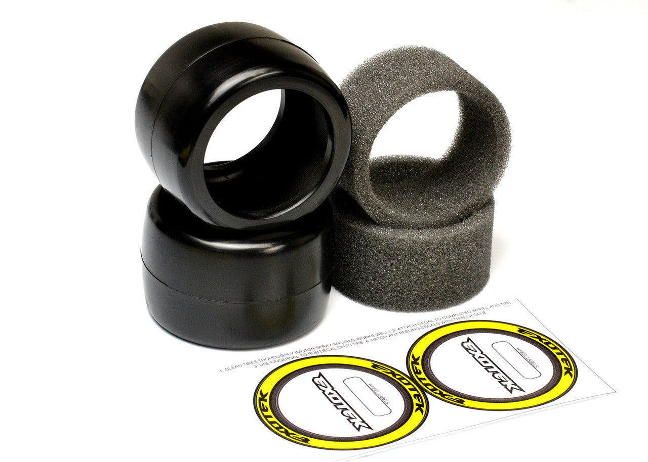 Exotek Racing F1 1/10 rear rubber tires 36X in yellow-medium for RC cars, featuring textured tread for improved grip.