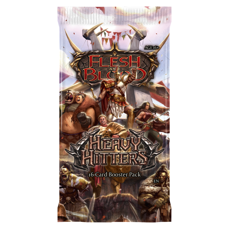 Flesh and Blood Heavy Hitters Booster Pack of collectible trading cards by Legends Story Studios, featuring vibrant card artwork.