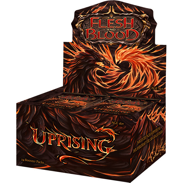 Flesh and Blood Uprising booster box of collectible trading cards by Legends Story Studios, packed with card images.