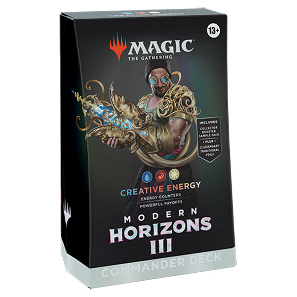 Wizards of the Coast MTG Modern Horizons 3 Commander Deck with colorful cards arranged in a display.