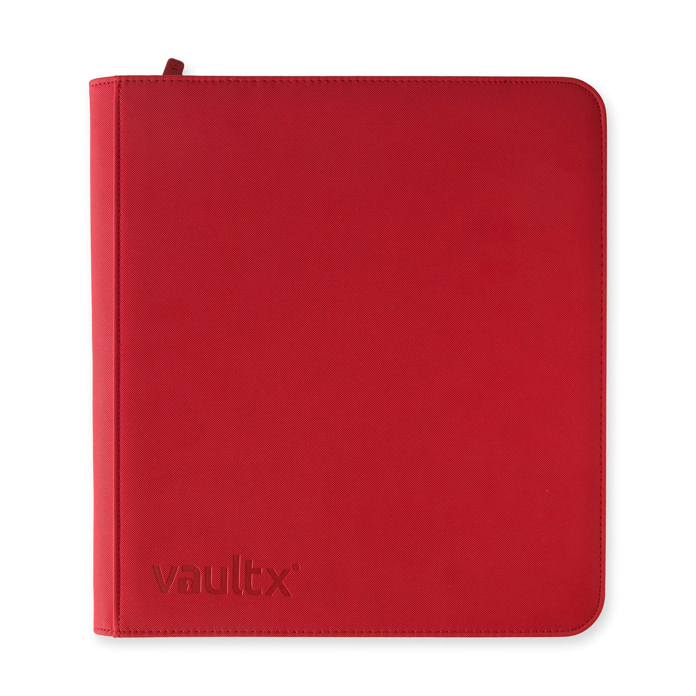 Vault X Exo-Tech 12-Pocket Zip Binder in fire-red showing multiple pockets and zipper closure for organized storage