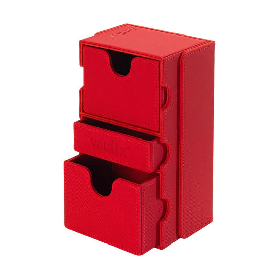 Vault X Exo-Tec Game Box 200+ in fire-red, featuring durable plastic storage with labeled compartments for game cartridges.