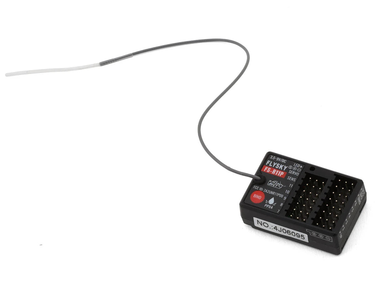 Flysky FS-G11P 11-channel 2.4GHz transmitter with R11P receiver, featuring multiple control knobs and antenna for RC models.