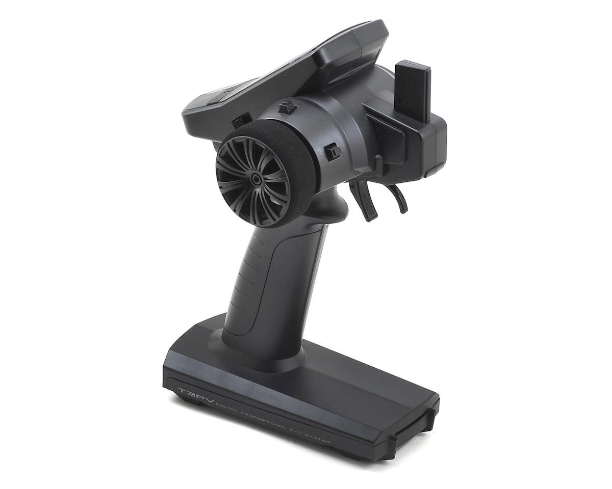 Futaba 3PV 3-channel 2.4GHz S-FHSS radio system with R203GF receiver, featuring a compact design and control sticks for RC models.