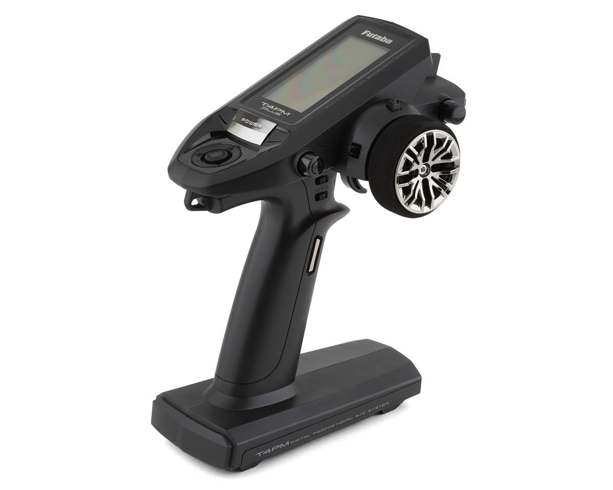 Futaba 4PM Plus 4-channel 2.4GHz T-FHSS radio system controller with display and control sticks, no receiver included.