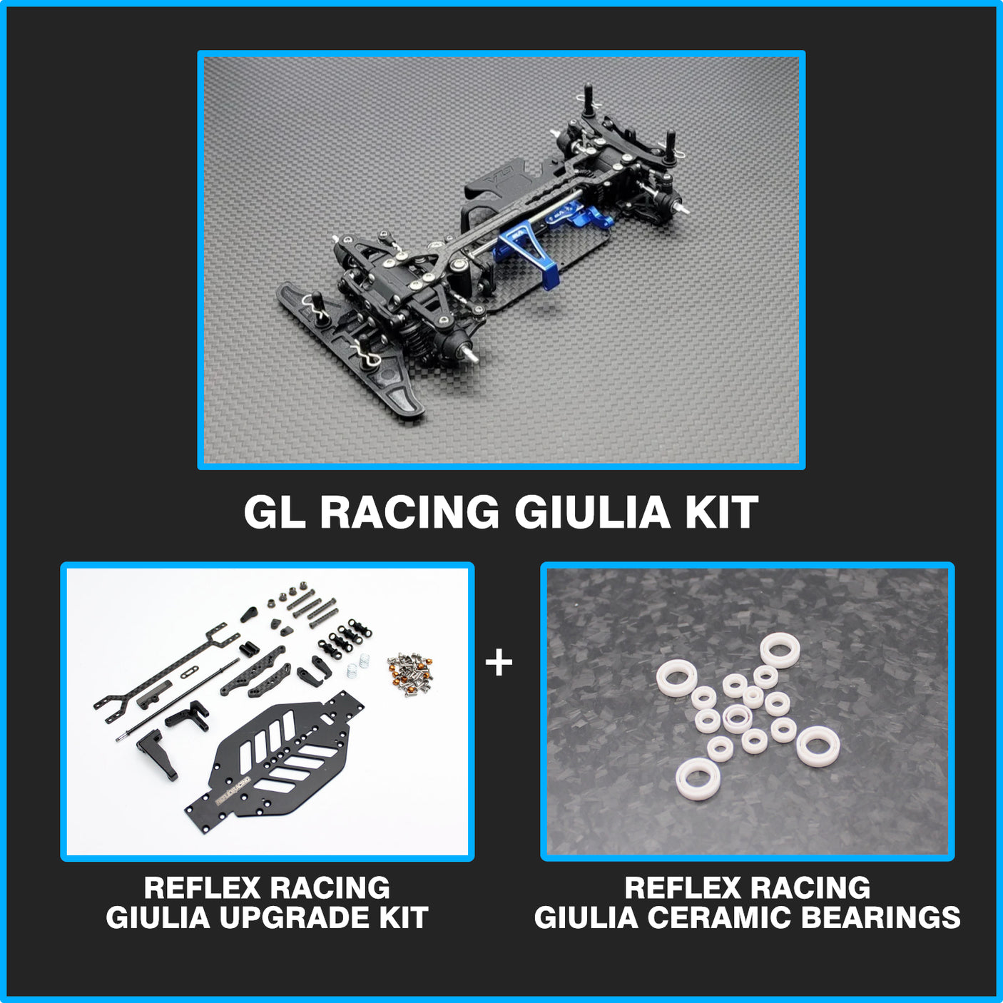 GL Racing Giulia Pro Kit with Reflex upgrade and ceramic bearing, shown in a sleek automotive performance package.
