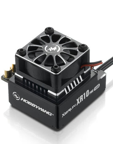 Hobbywing XR10 Pro ESC RC car electronic speed controller, legacy edition, with wiring and cooling fins visible.