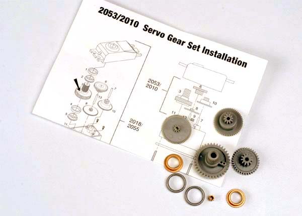 Traxxas gear set for 2055 and 2056 servos, showing metal gears and components for RC hobby applications.