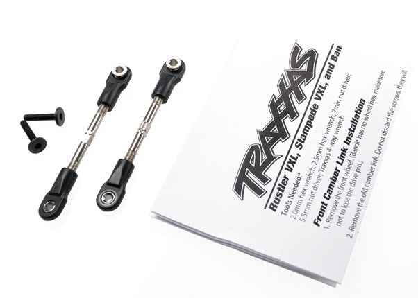 Pair of Traxxas 47mm front steel camber links for RC cars, showing shiny metal construction and mounting ends.