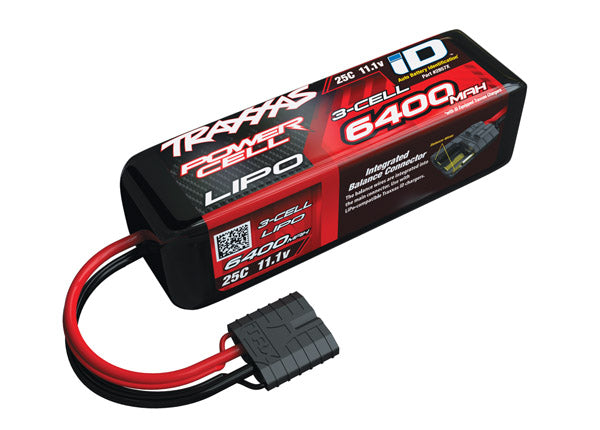 Traxxas 6400mAh 11.1V 3S LiPo battery for RC cars, showing the compact, high-capacity lithium polymer cell with branding.