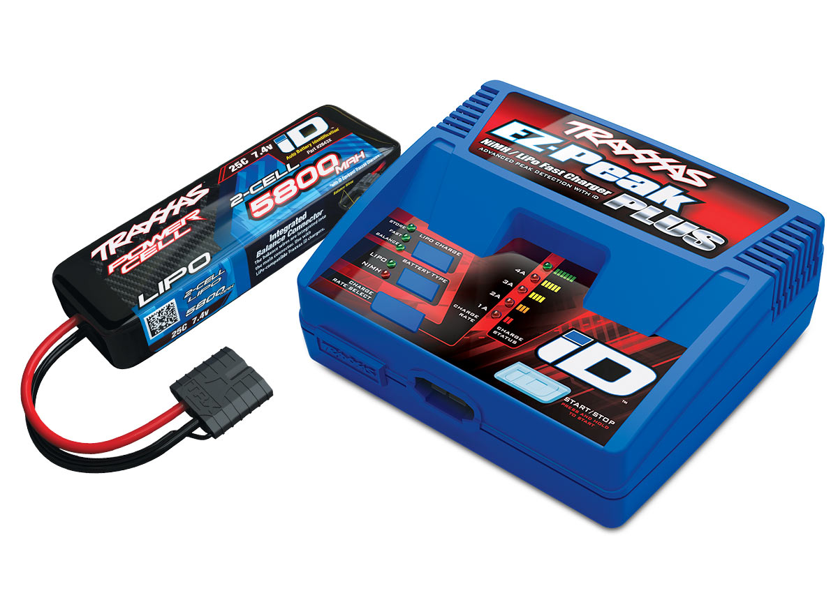 Traxxas 2S LiPo battery pack with EZ-Peak charger for RC cars and vehicles, shown with charger and battery components.