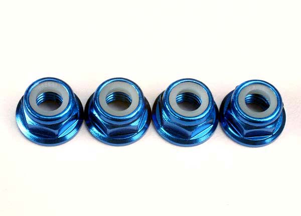 Set of four Traxxas aluminum 5mm nylon lock nuts for RC vehicle wheel hubs and suspension components.