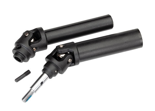 Traxxas front heavy-duty driveshaft assembly for RC vehicles, showcasing durable metal components and precise construction.