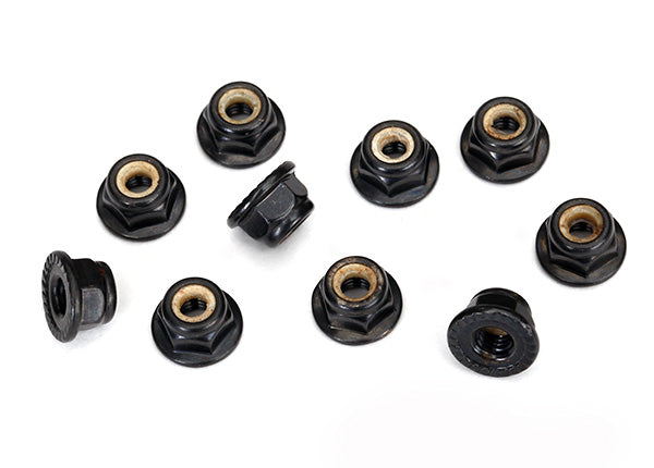 Black Traxxas 4mm flanged nylon locking nuts, set of 10, designed for secure fastening on RC vehicles.