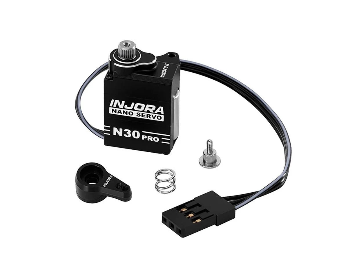 Injora SCX30 N30 Nano Pro high torque metal gear aluminum RC servo mounted on a vehicle with visible wiring and mounting hardware
