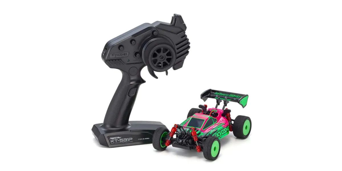 Kyosho Mini-Z 4WD Inferno MP9 RC Buggy in pink and green, ready-to-run electric off-road car with detailed design.