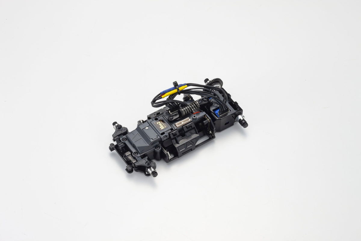 Kyosho MINI-Z Racer MR-04 EVO2 RC car chassis with W-MM/5600KV motor, showcasing detailed design and components.