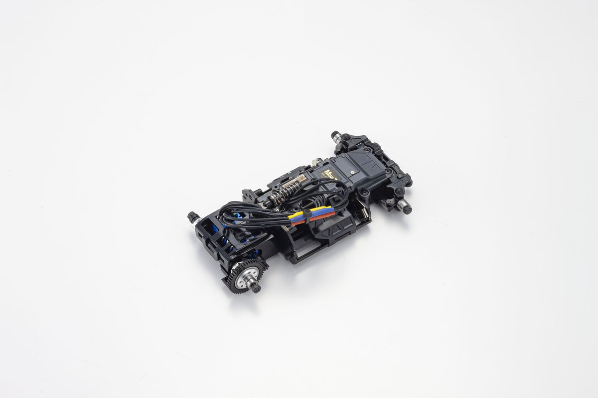 Kyosho MINI-Z Racer MR-04 EVO2 RC car chassis with W-MM/5600KV motor, detailed close-up of the chassis and components.