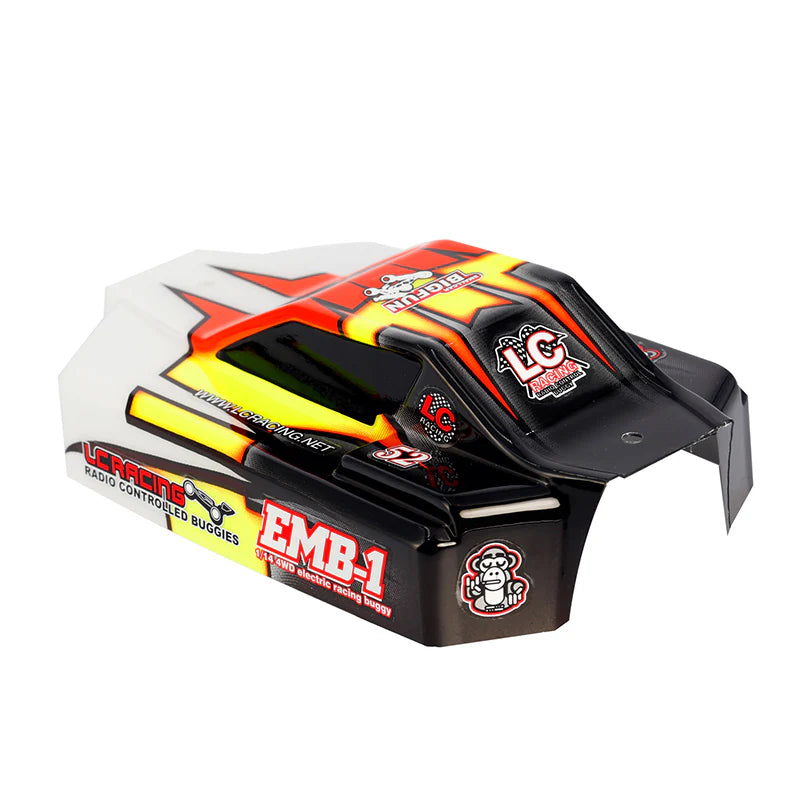 LC Racing L6244 1/14 EMB-1 painted lexan buggy body for RC cars, featuring detailed design and vibrant paint finish.