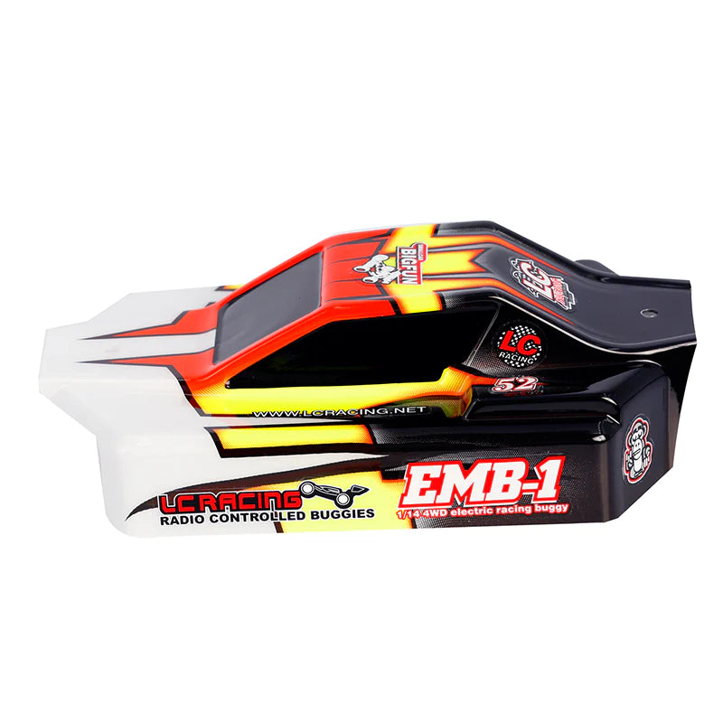 LC Racing L6244 1/14 EMB-1 painted Lexan buggy body with detailed design for RC racing vehicles.