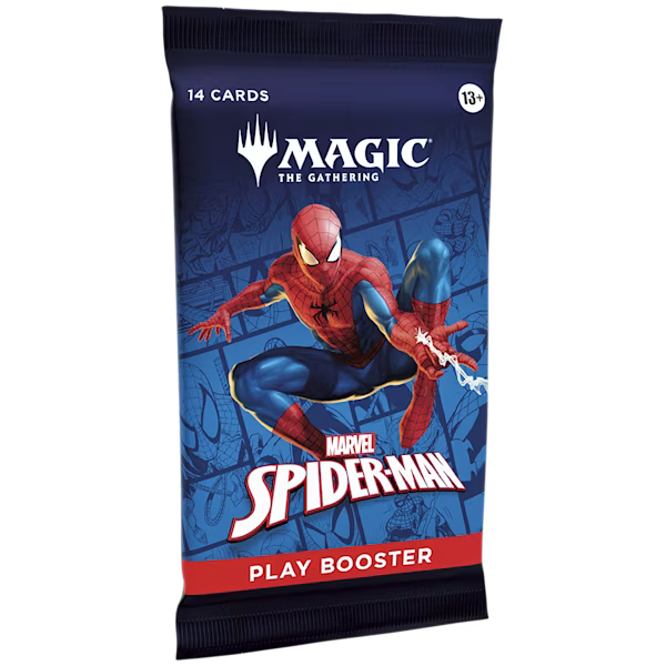 Marvel Spider-Man Play Booster Pack by Wizards of the Coast featuring card artwork and game components for Magic: The Gathering.