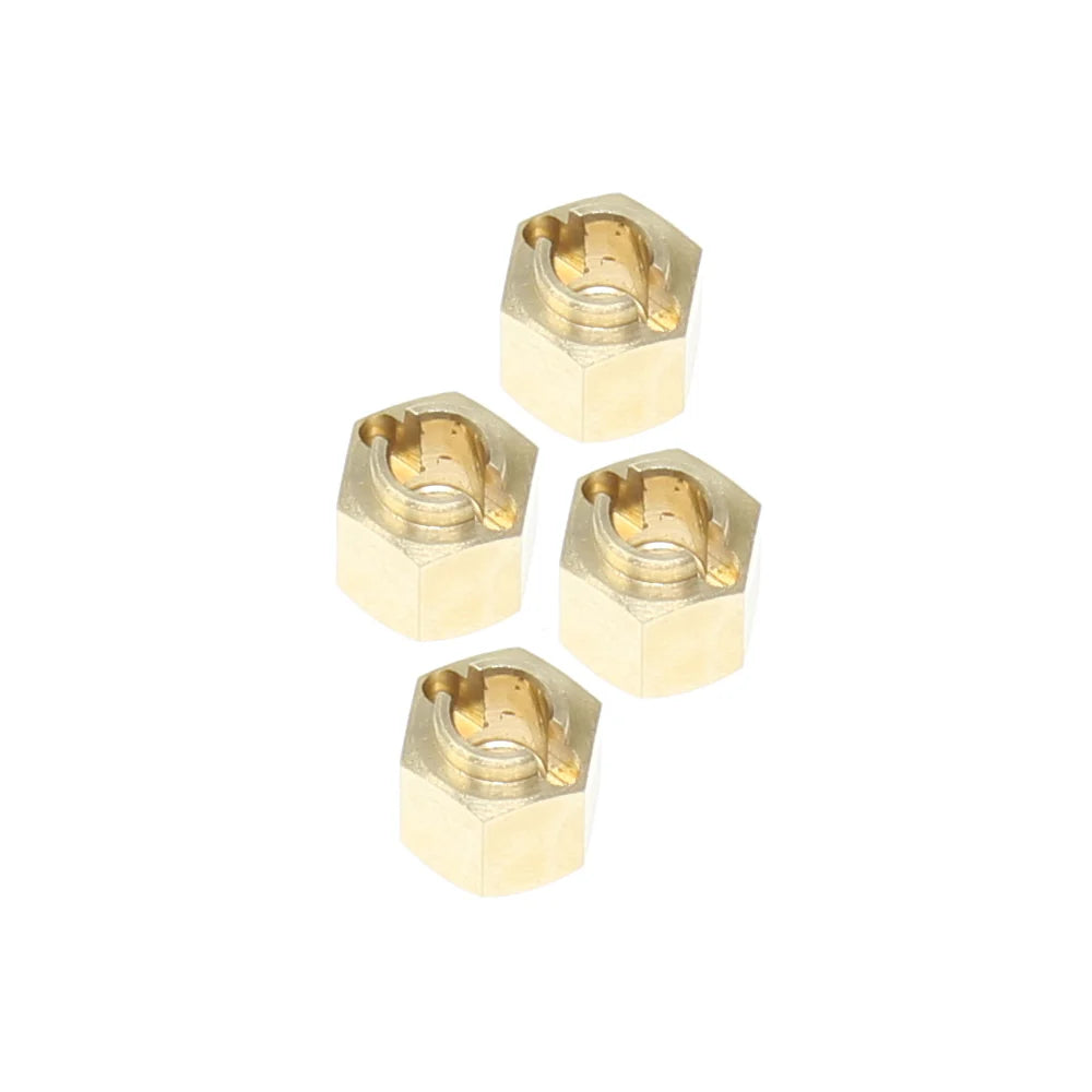 Redcat brass wheel hexes for RC cars, showing close-up of metallic hex adapters on a black background.