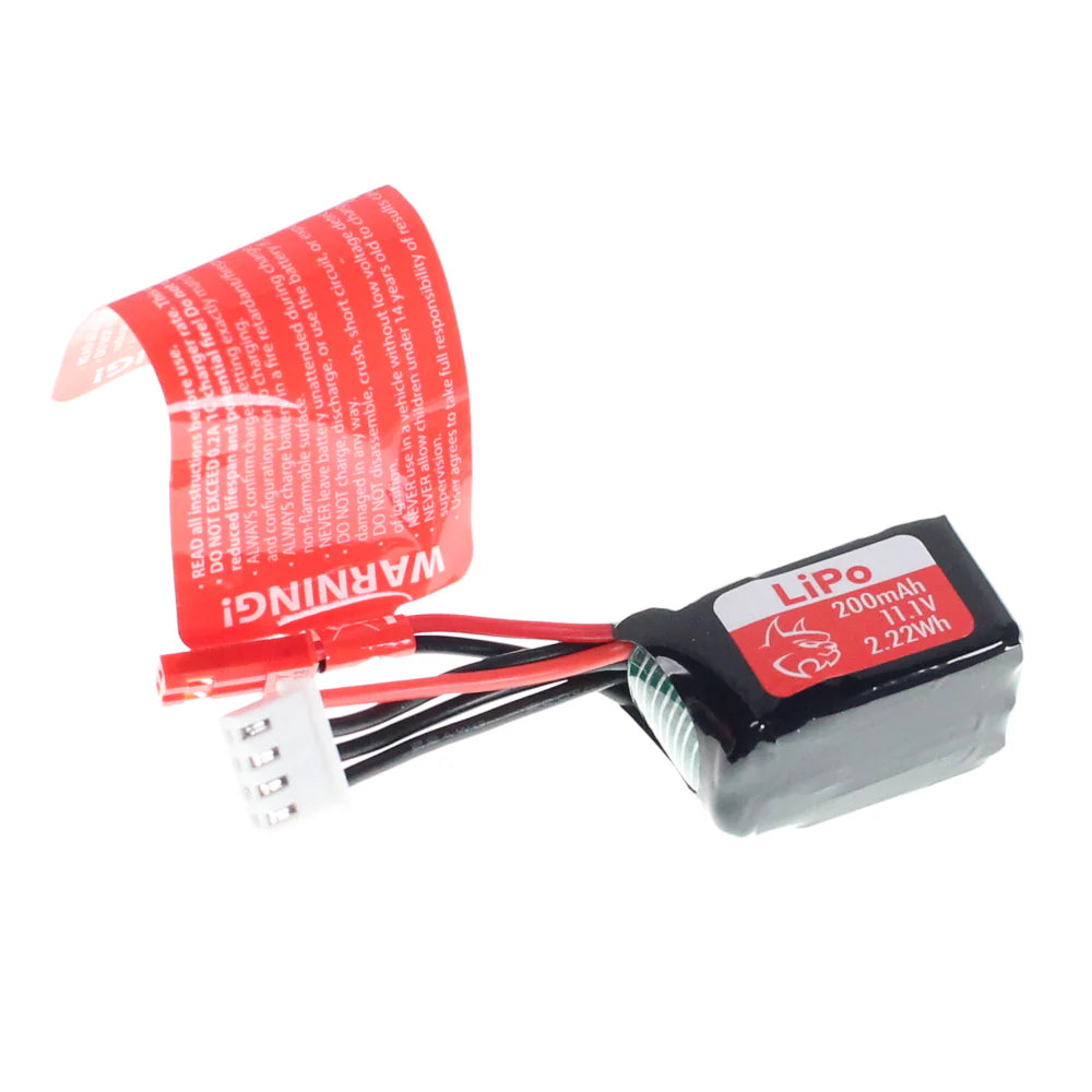 Redcat 200mAh 3S LiPo battery for Ascent-18 APEX remote control helicopter, showing the red and black battery pack with connectors.