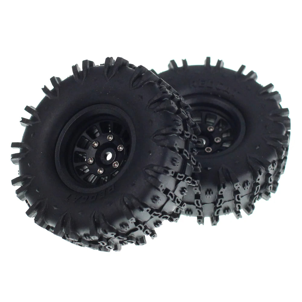 Redcat 1.3-inch pre-mounted Apex wheels and tires pair, showcasing red and black RC car wheel set with tread pattern and durable design.