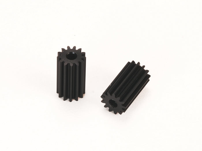 Two PN Racing Delrin 64P long pinion gears for RC cars, showing their durable black plastic construction.