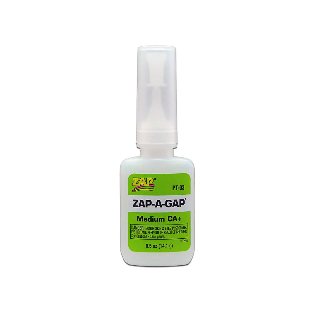 Zap Zap-A-Gap CA+ Glue medium bottle with green cap, ideal for quick adhesive bonding on various materials.