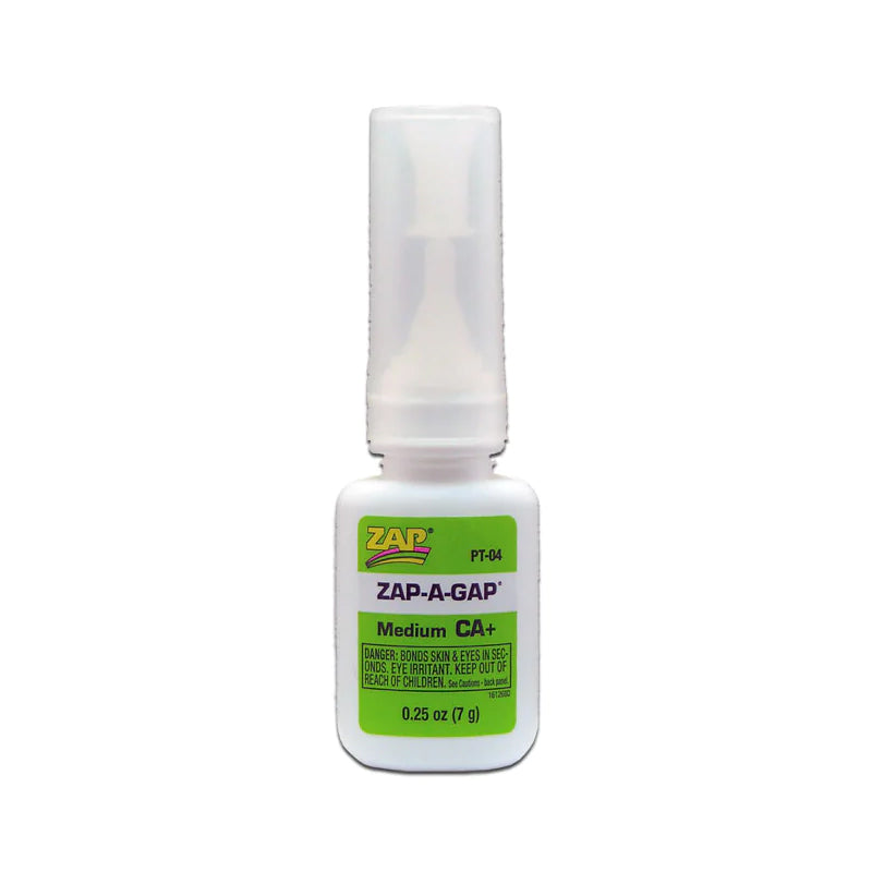 Zap Zap-A-Gap CA+ Glue Medium bottle with green cap, quick-adhesion cyanoacrylate adhesive for precise bonding.