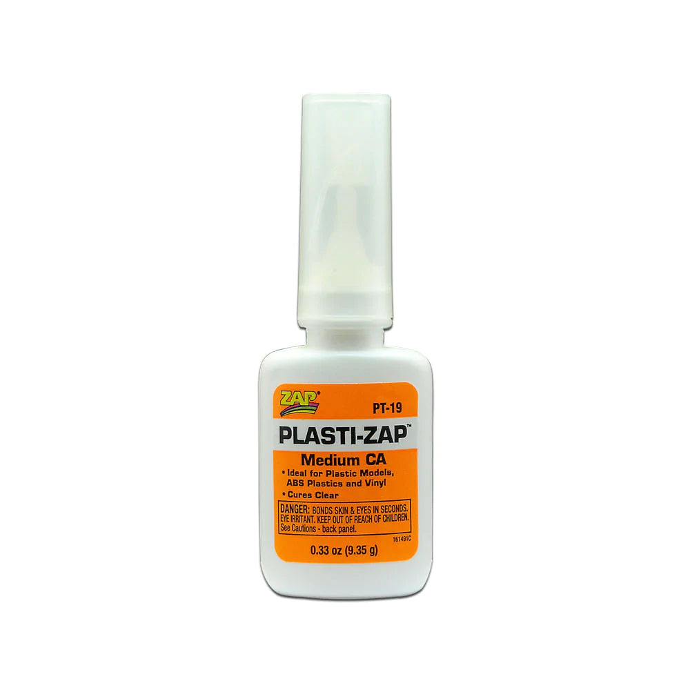 Zap Plasti-Zap CA super glue bottle with applicator tip, 1/3oz plastic adhesive for repairs and bonding.