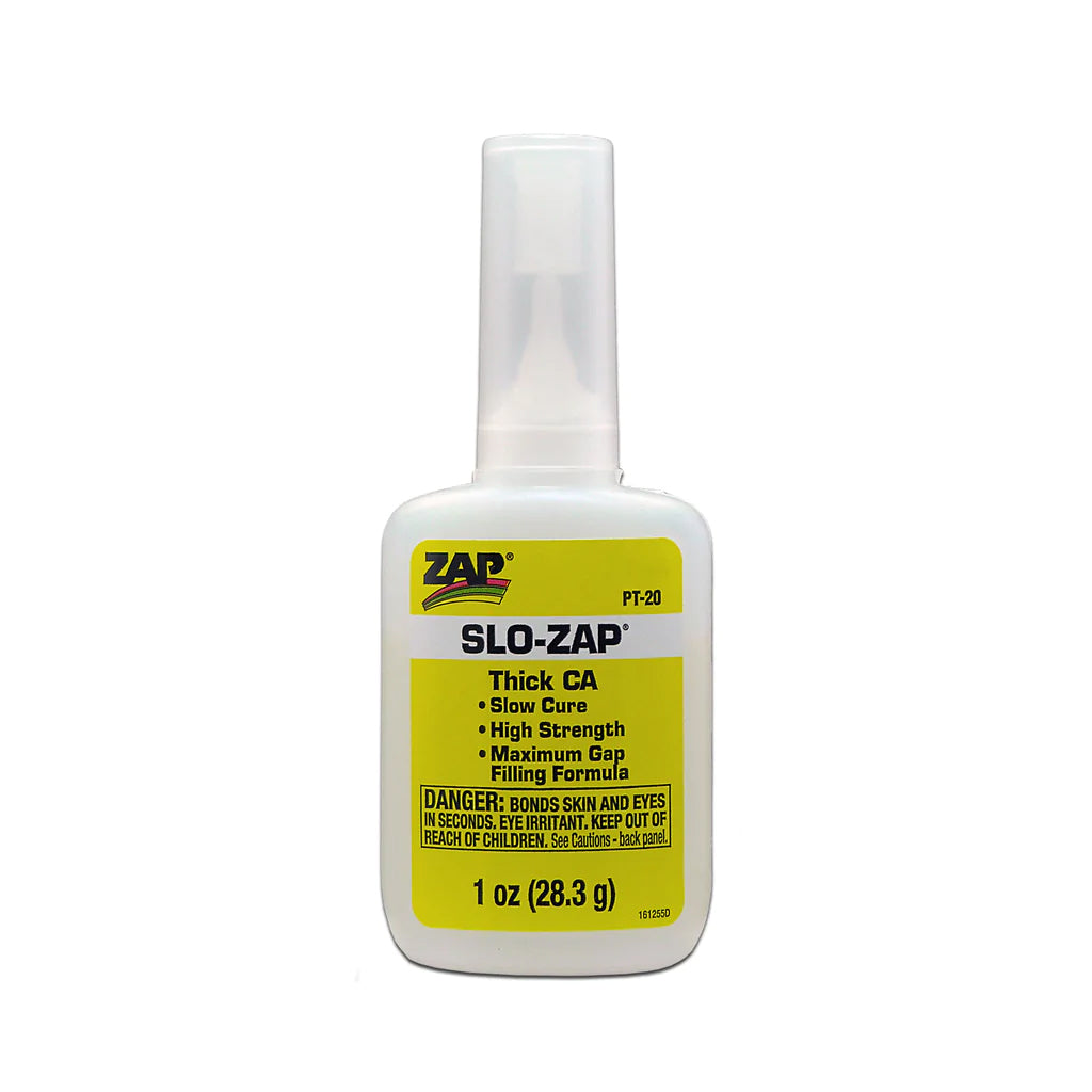 Yellow thick Zap Slo-Zap CA adhesive bottle with applicator tip for strong, fast bonding of crafts and repairs.