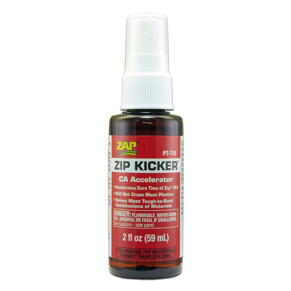 Zap Zip Kicker CA accelerant bottle with label, used for enhancing fire-starting performance in camping and outdoor activities.