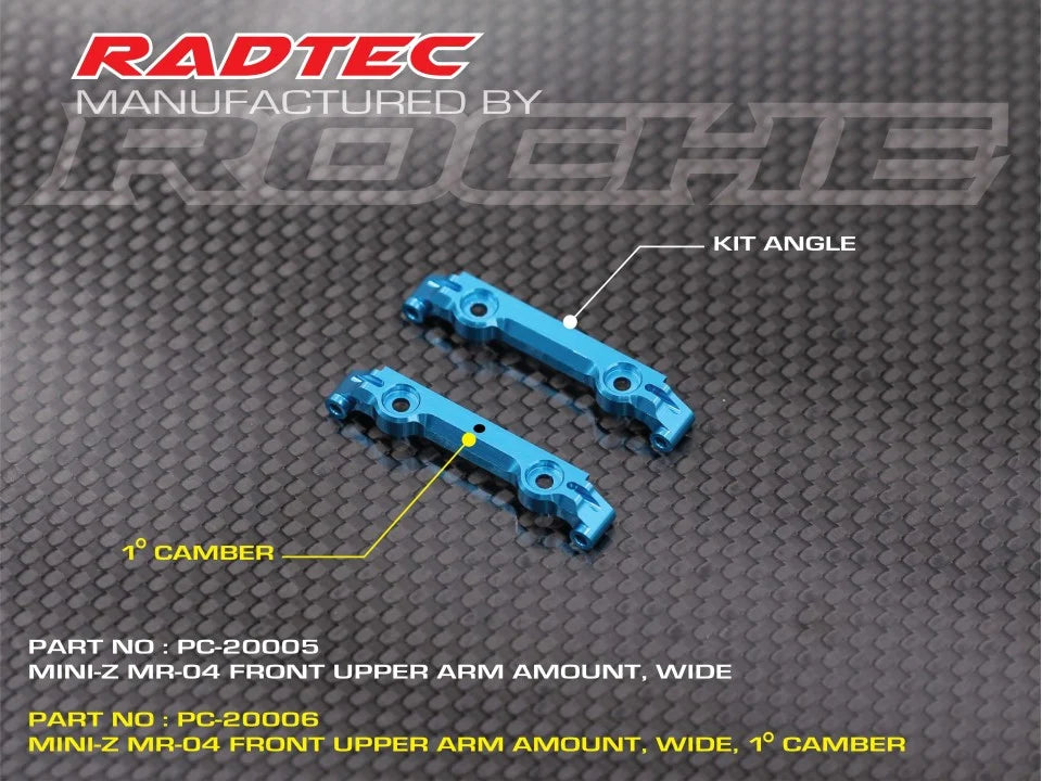 Black Radtec RC Mini-Z MR04 wide front upper arm mount for RC cars, shown in a close-up view.