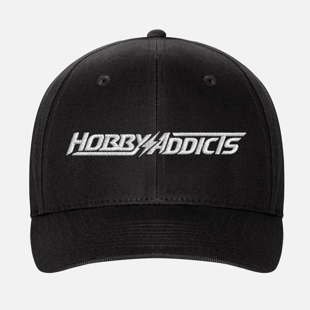 Hobby Addicts Flexfit hat in black with embroidered logo, adjustable brim, and comfortable fit for casual wear.