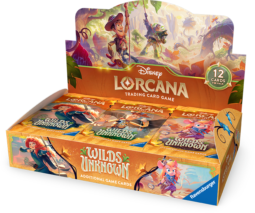 Lorcana TCG Wilds Unknown booster box with colorful card artwork and packaging, featuring fantasy-themed illustrations.