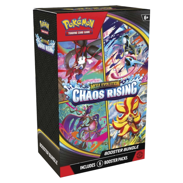 Pokémon TCG Chaos Rising Booster Bundle featuring colorful booster packs with Pokémon characters and artwork.