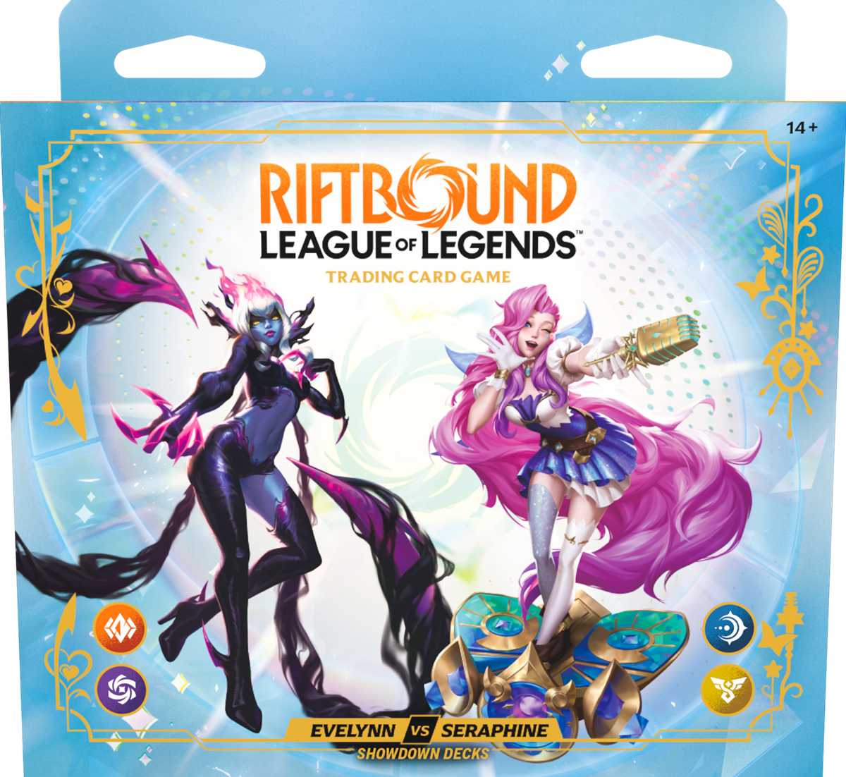 Riftbound Radiance Showdown deck by UVS Games featuring Evelynn and Seraphine illustrated cards for the game.