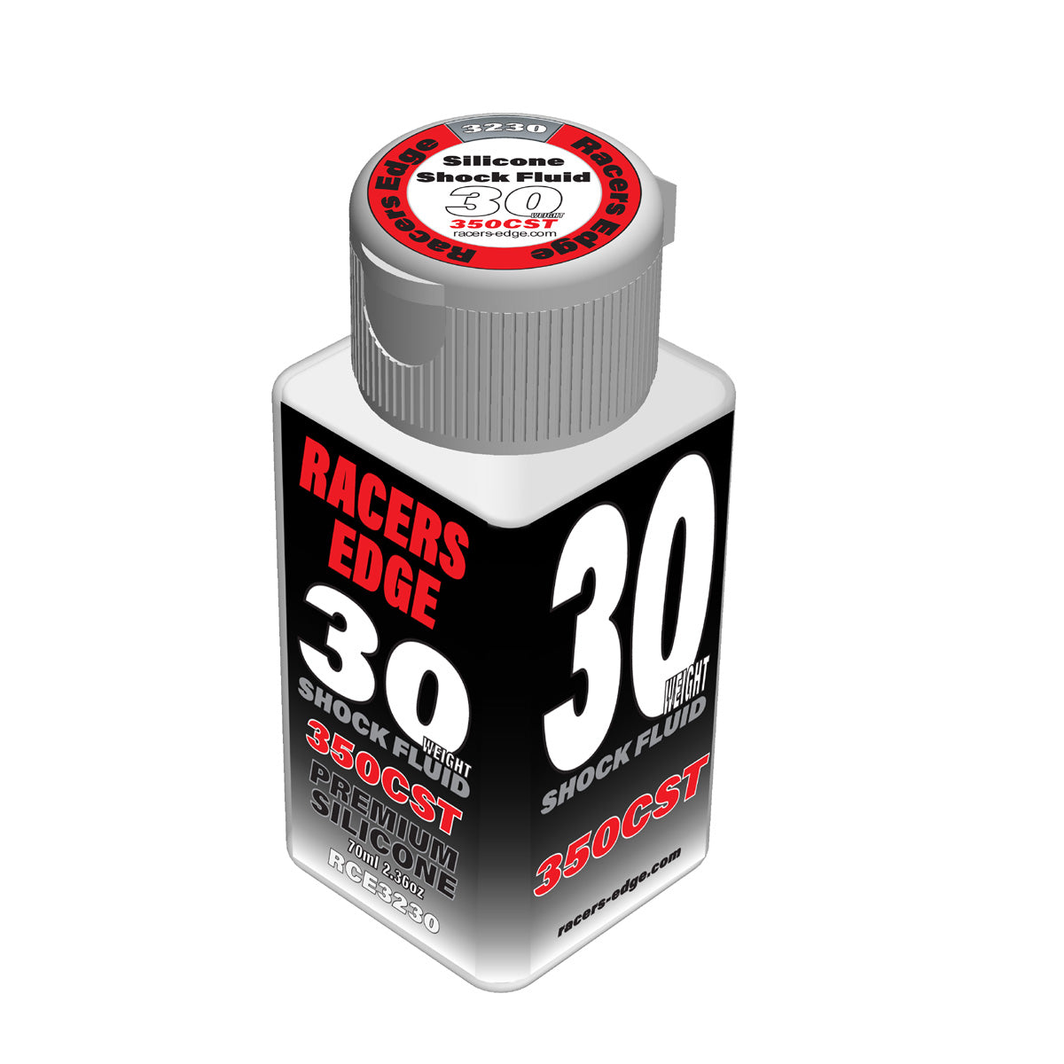 Racers Edge Pure Silicone Shock Oil for RC cars, 2.36oz bottle with black cap and clear label, suitable for RC shock maintenance.